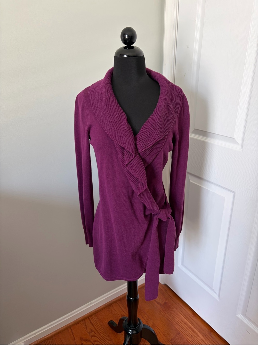AVA, Dark Fuschia, Sweater, Long Sleeve, Ruffled Front, Tie Close, Size Small